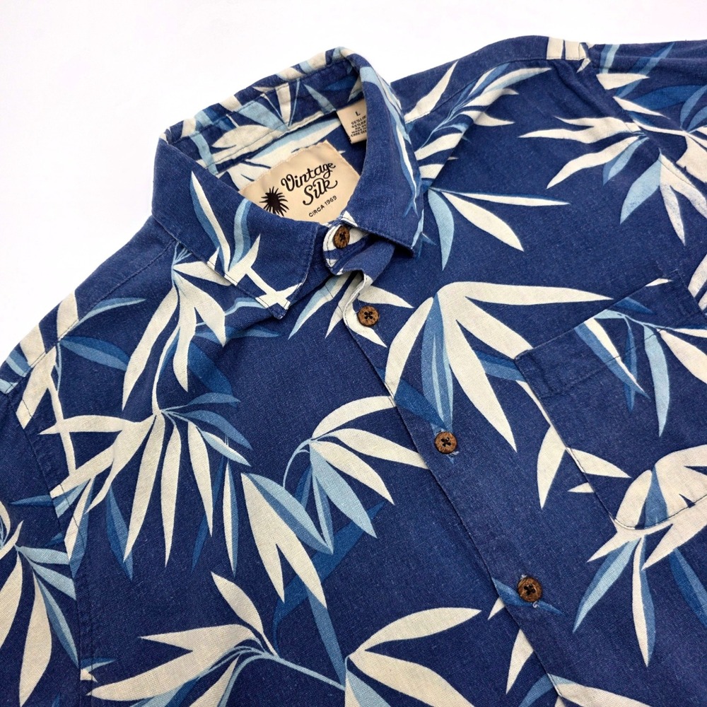 Vintage Silk Mens Large Blue Bamboo Tropical Linen Rayon Short Sleeve Shirt L